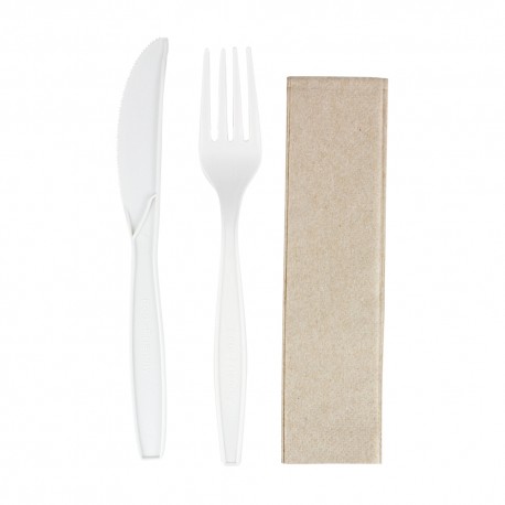 Set de Cubiertos Biodegradables, Tenedor, Cuchillo y Servilleta