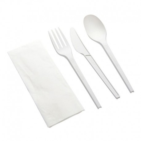 Set de Cubiertos Biodegradables CPLA, Tenedor, Cuchara, Cuchillo y Servilleta