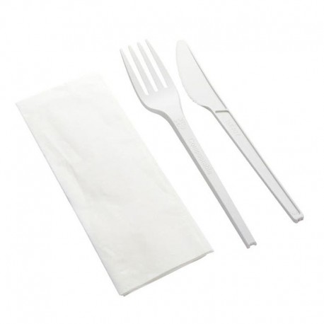 Set de Cubiertos Compostables CPLA, Tenedor, Cuchillo y Servilleta