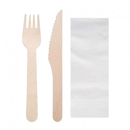 Set de Cubiertos de Madera Biodegradables, Tenedor, Cuchillo y Servilleta