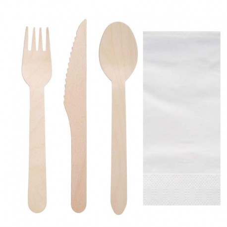 Set de Cubiertos de Madera Biodegradables, Tenedor, Cuchara, Cuchillo y Servilleta